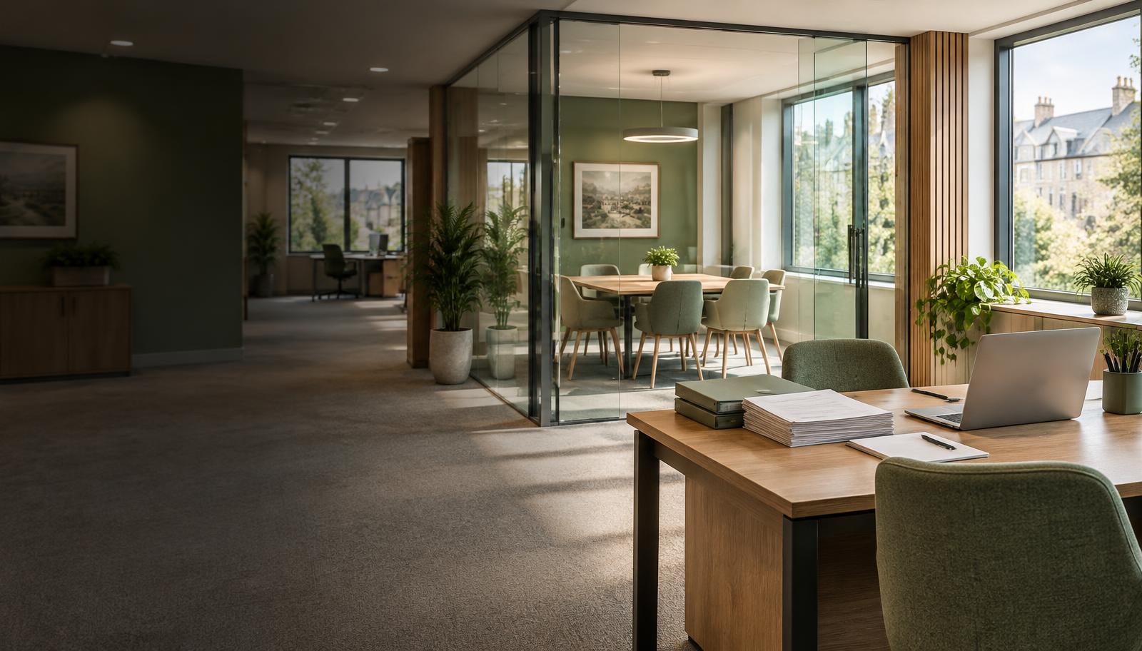 A bright group office with invoice documents and meeting space